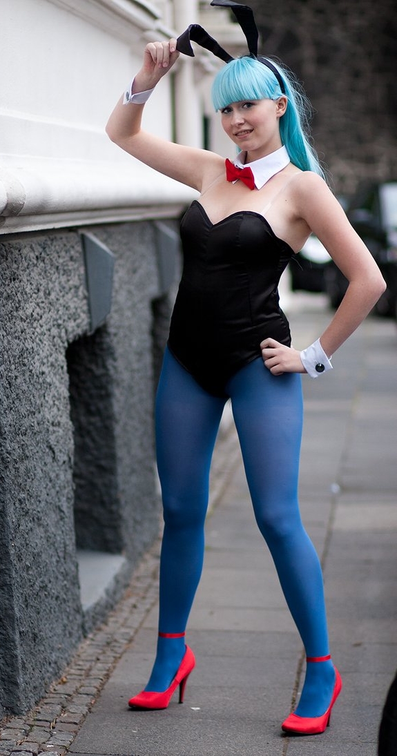 Blue Haired Bunny Girl wearing Blue Lycra Opaque Pantyhose, Sandal High Heels and Black Satin Bodysuit
